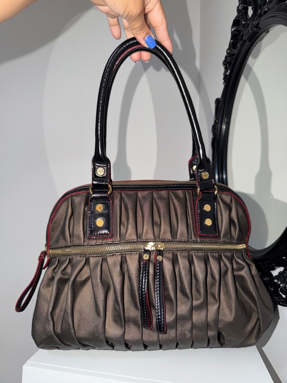 MZ Wallace Brown Pleated Satchel with Black Handles and Red Trim